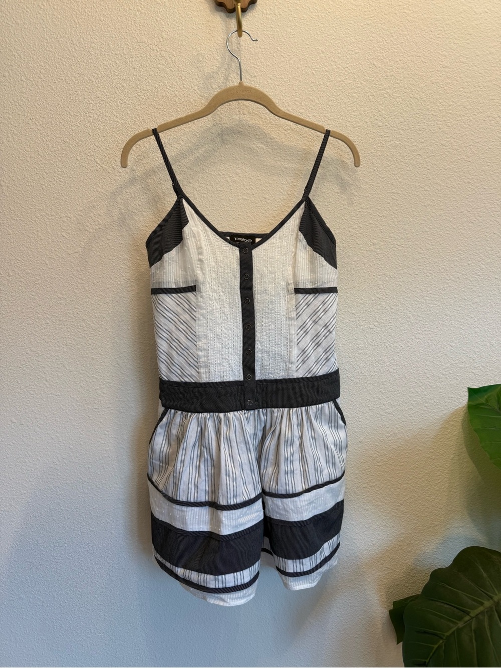 Bebe Black & White Striped Swiss Dot Mini Dress Size Small